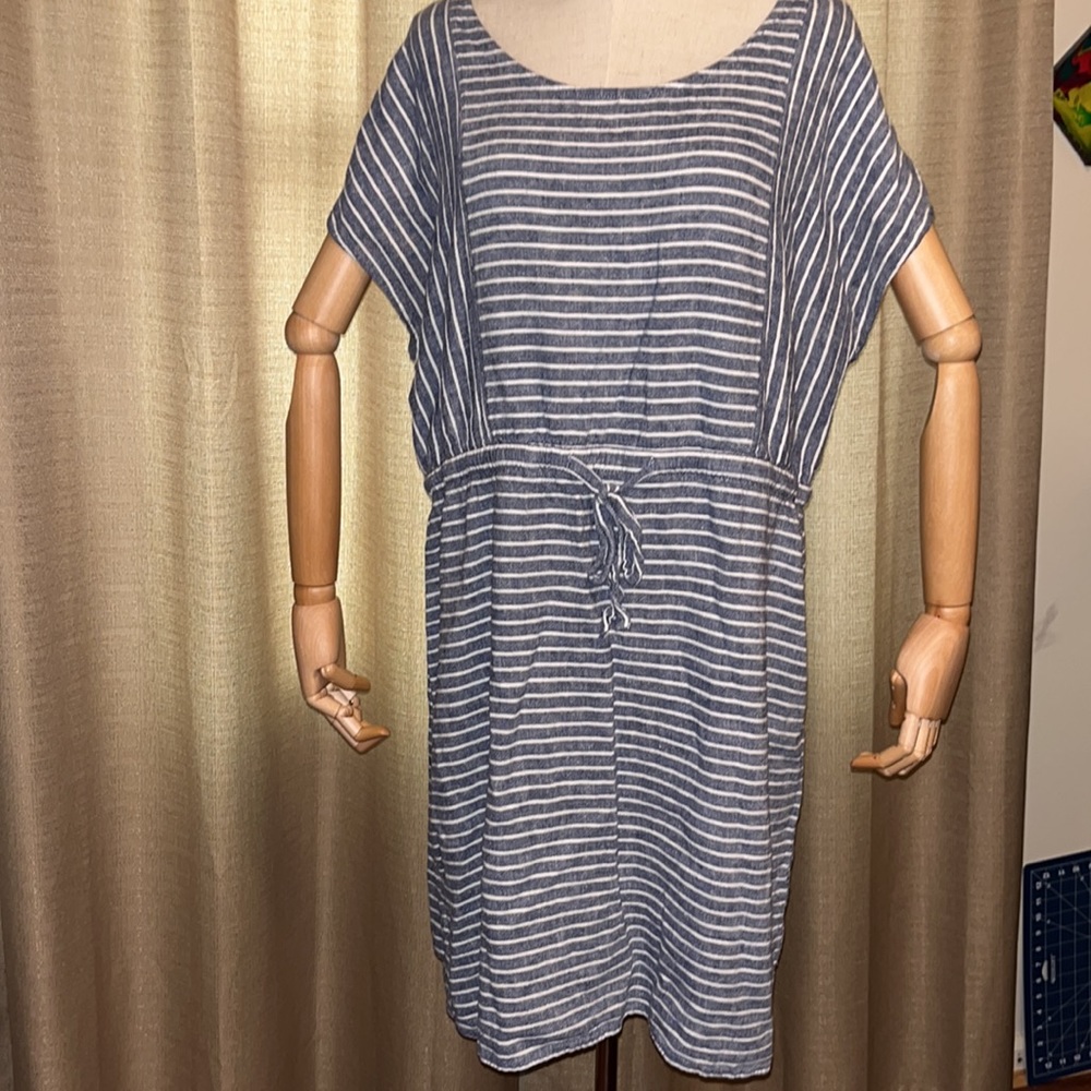 Old Navy Blue and White Stripe Dress with Cinch Tie Waist Womens XL